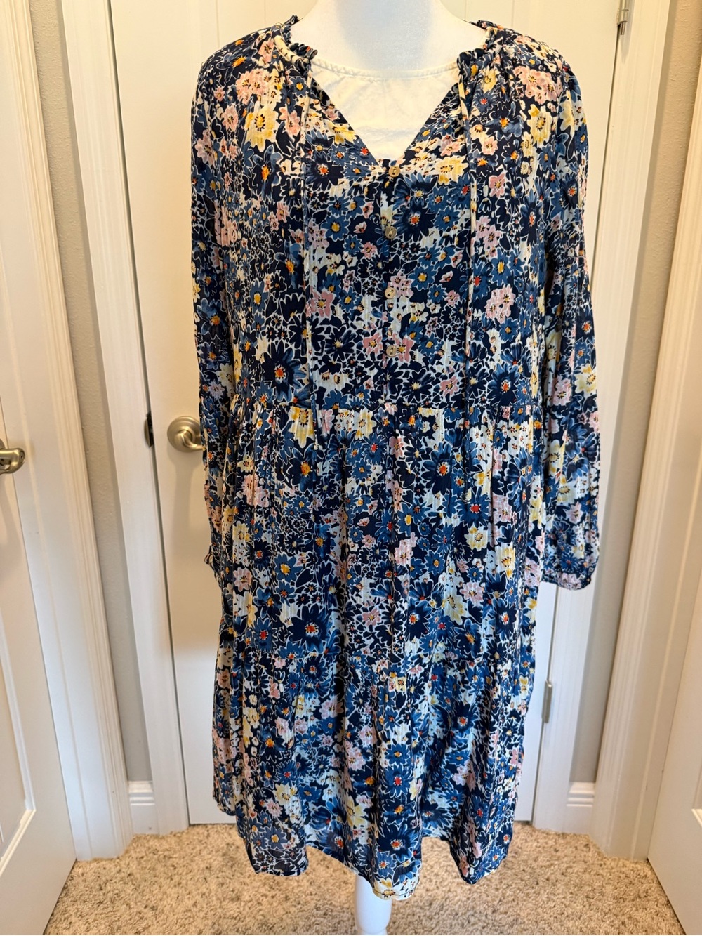 LOFT Navy Floral Midi Skirt with Pink and Yellow Blooms